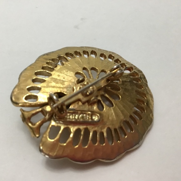 1960's Peacock Brooch, Pin, Lapel Pin-Gold Tone, Faux Ruby Rhinestone Crown - Picture 5 of 5